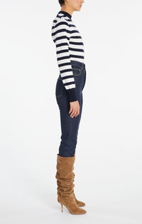 Striped Long Sleeve Wool Bodysuit - Navy & Ivory