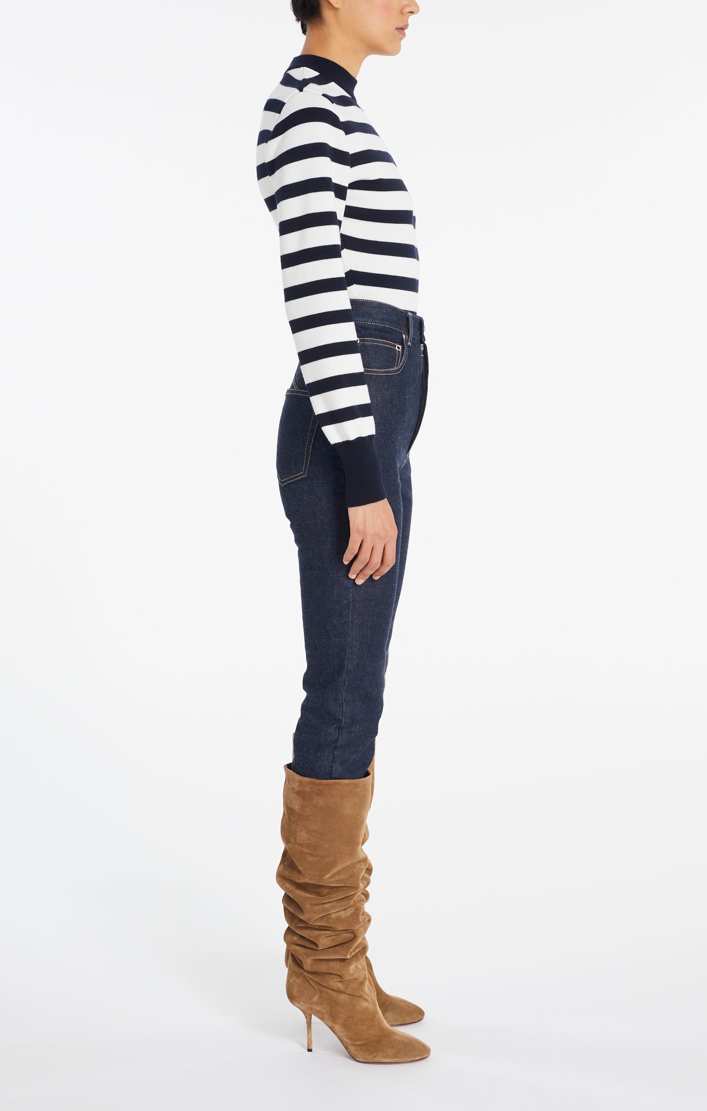Striped Long Sleeve Wool Bodysuit - Navy & Ivory