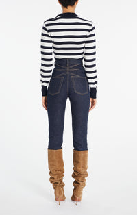 Striped Long Sleeve Wool Bodysuit - Navy & Ivory