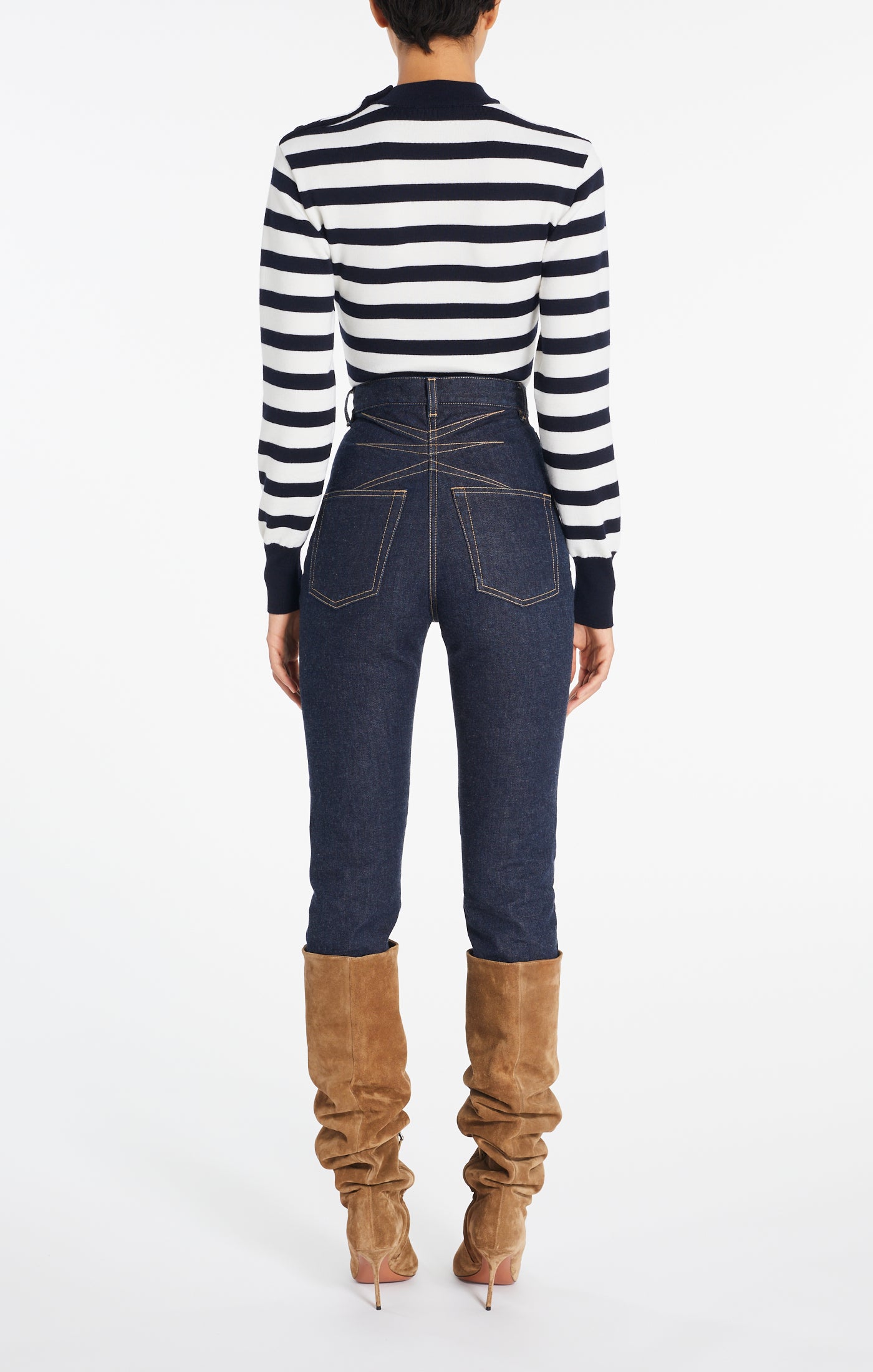 Striped Long Sleeve Wool Bodysuit - Navy & Ivory