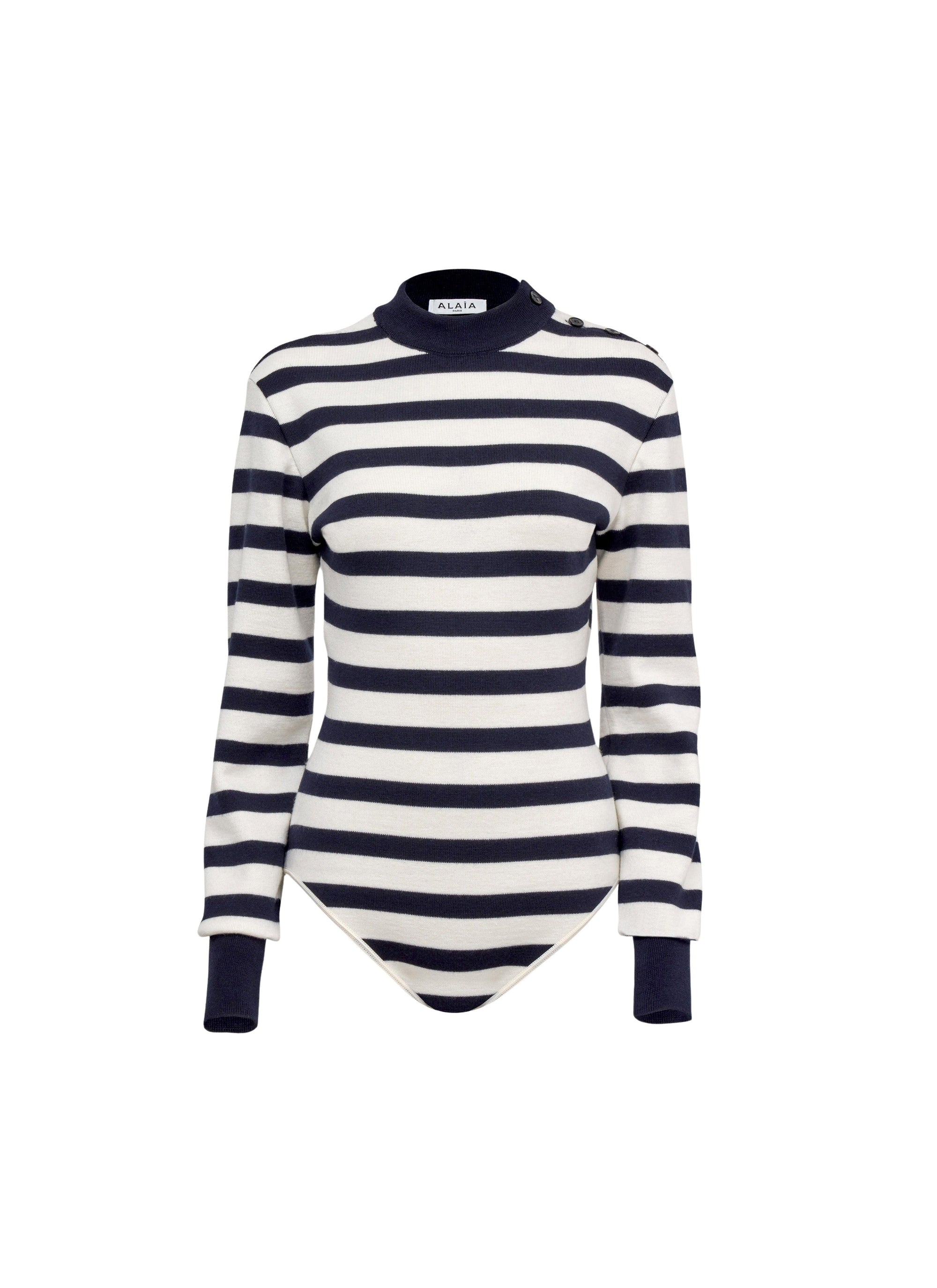 Striped Long Sleeve Wool Bodysuit - Navy & Ivory