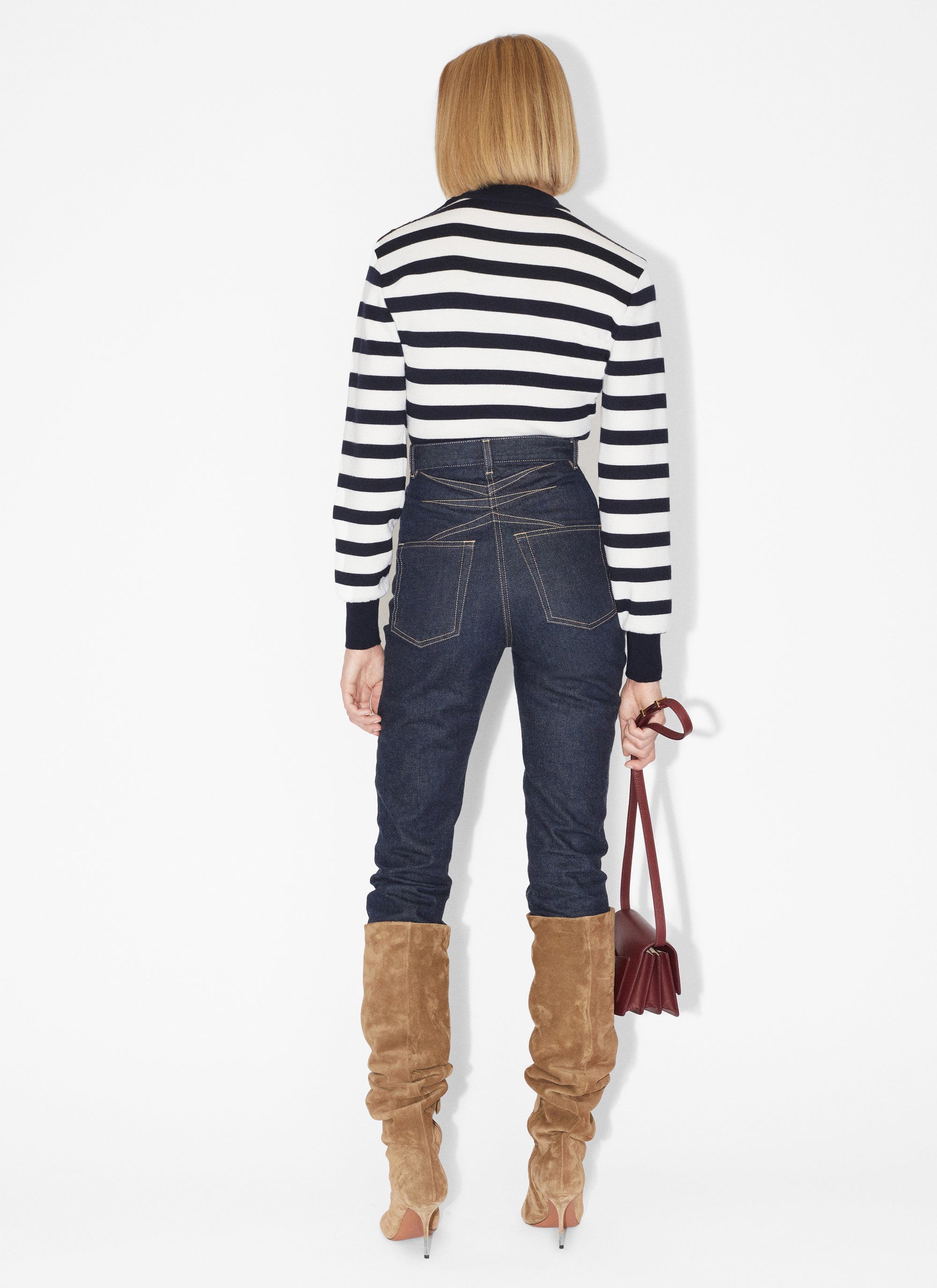 Striped Long Sleeve Wool Bodysuit - Navy & Ivory