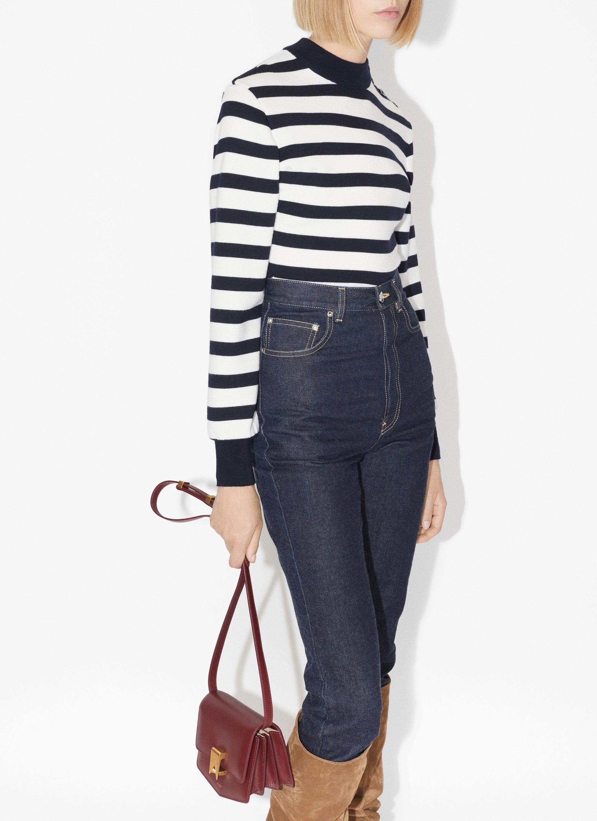 Striped Long Sleeve Wool Bodysuit - Navy & Ivory