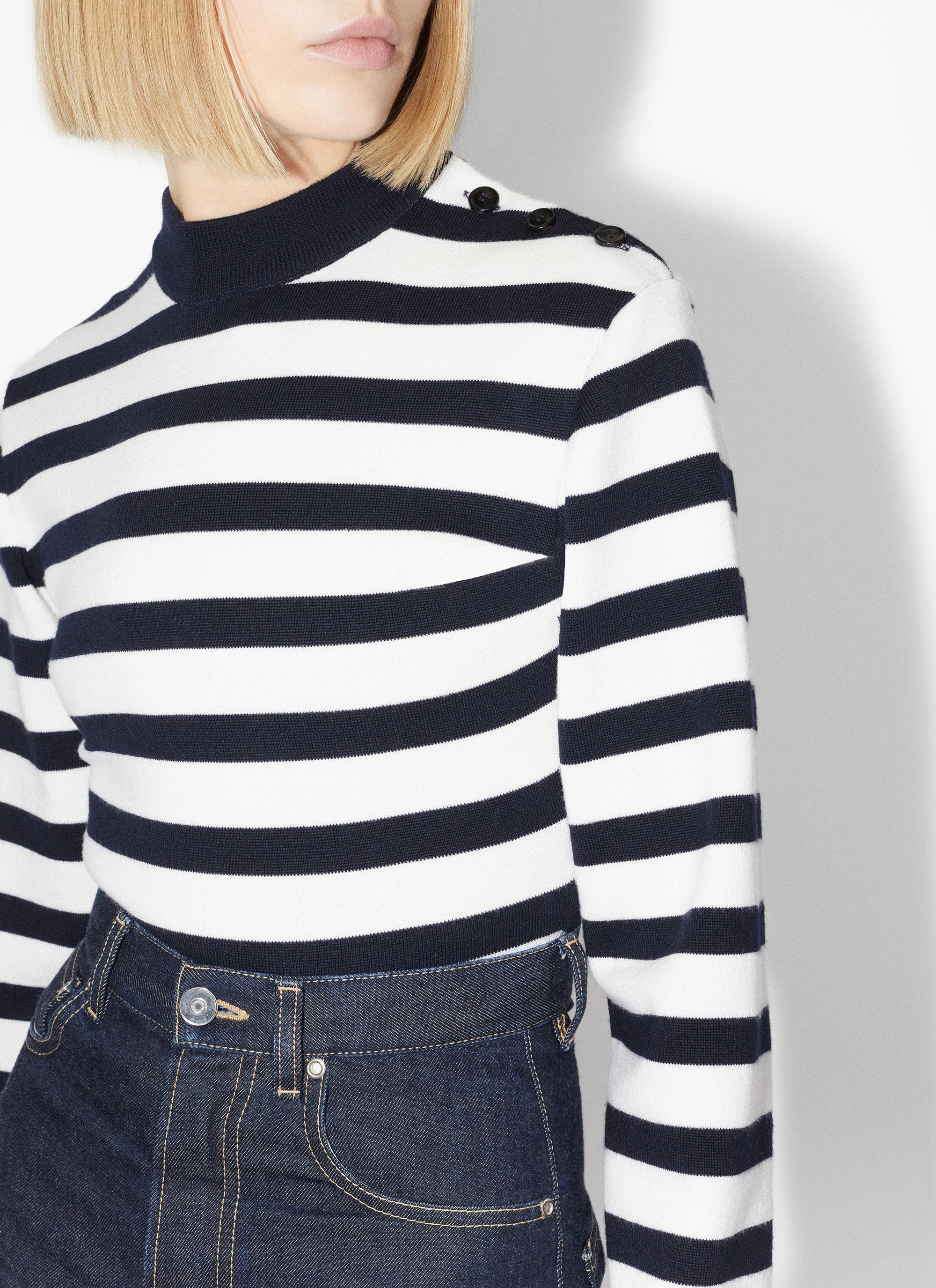 Striped Long Sleeve Wool Bodysuit - Navy & Ivory