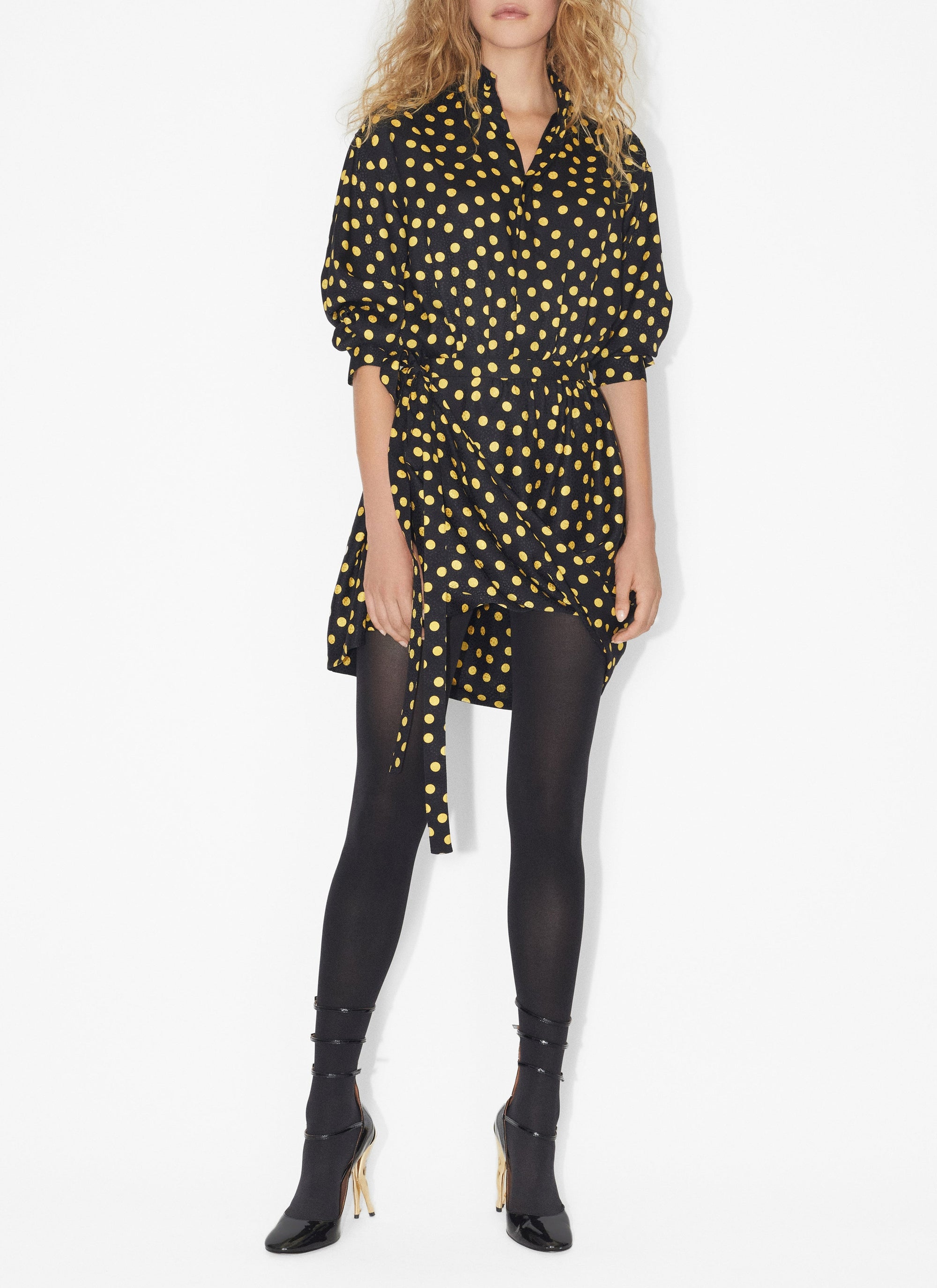 Body-chemise à pois confettis en soie - Nuit & Jaune
