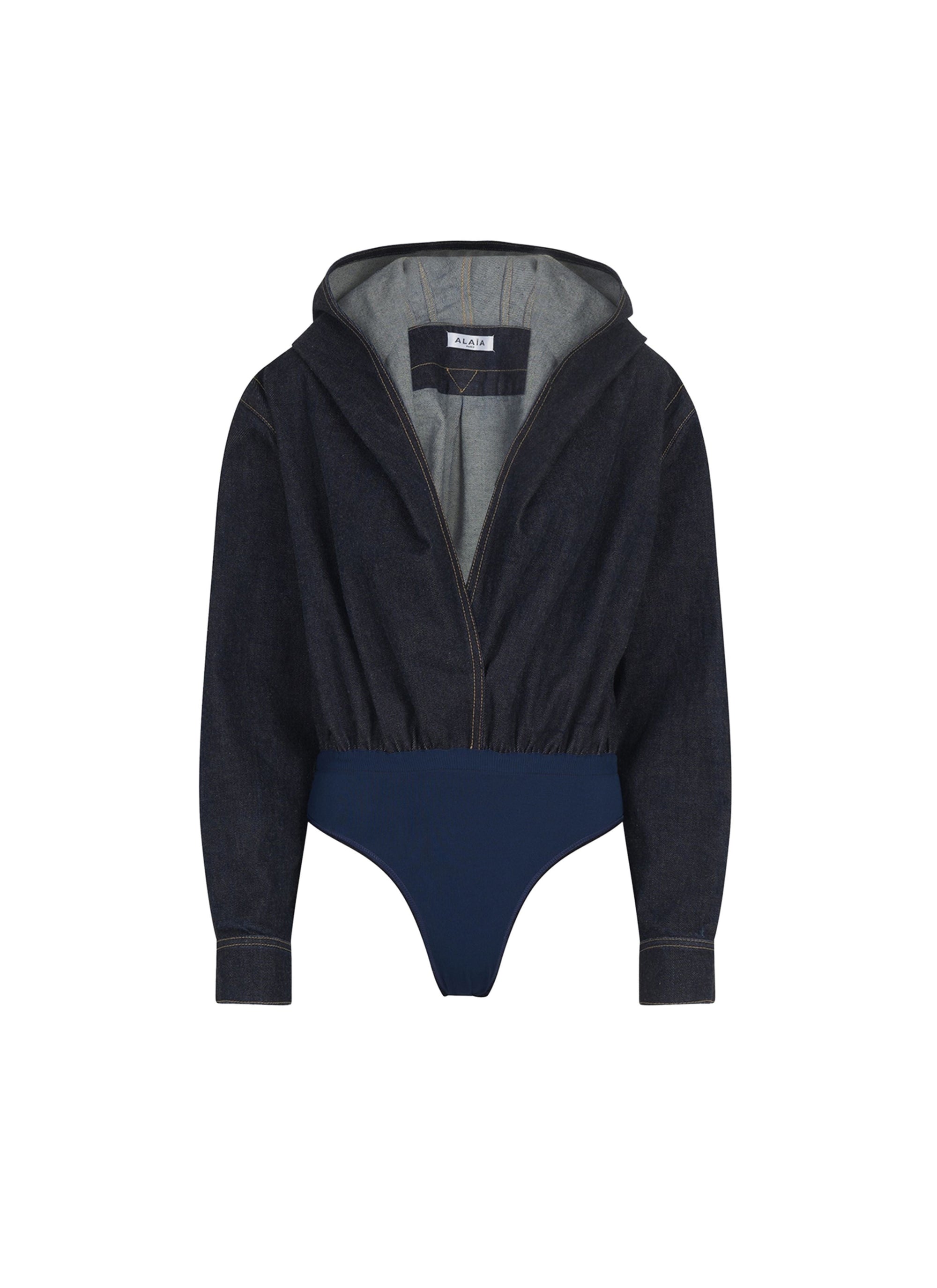 Hooded bodysuit in raw denim - Blue Denim