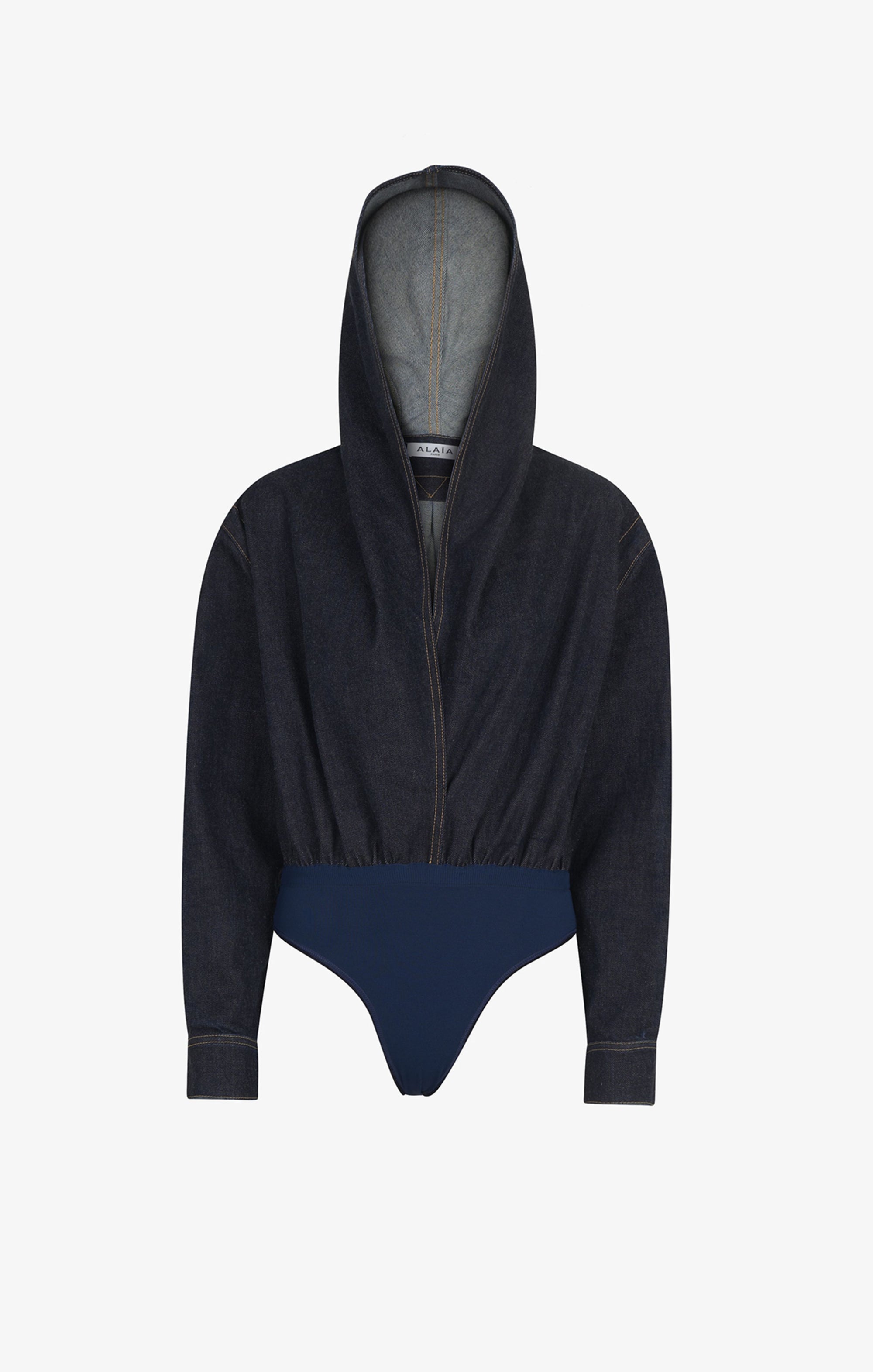 Hooded bodysuit in raw denim - Blue Denim