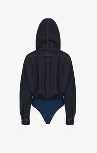 Hooded bodysuit in raw denim - Blue Denim