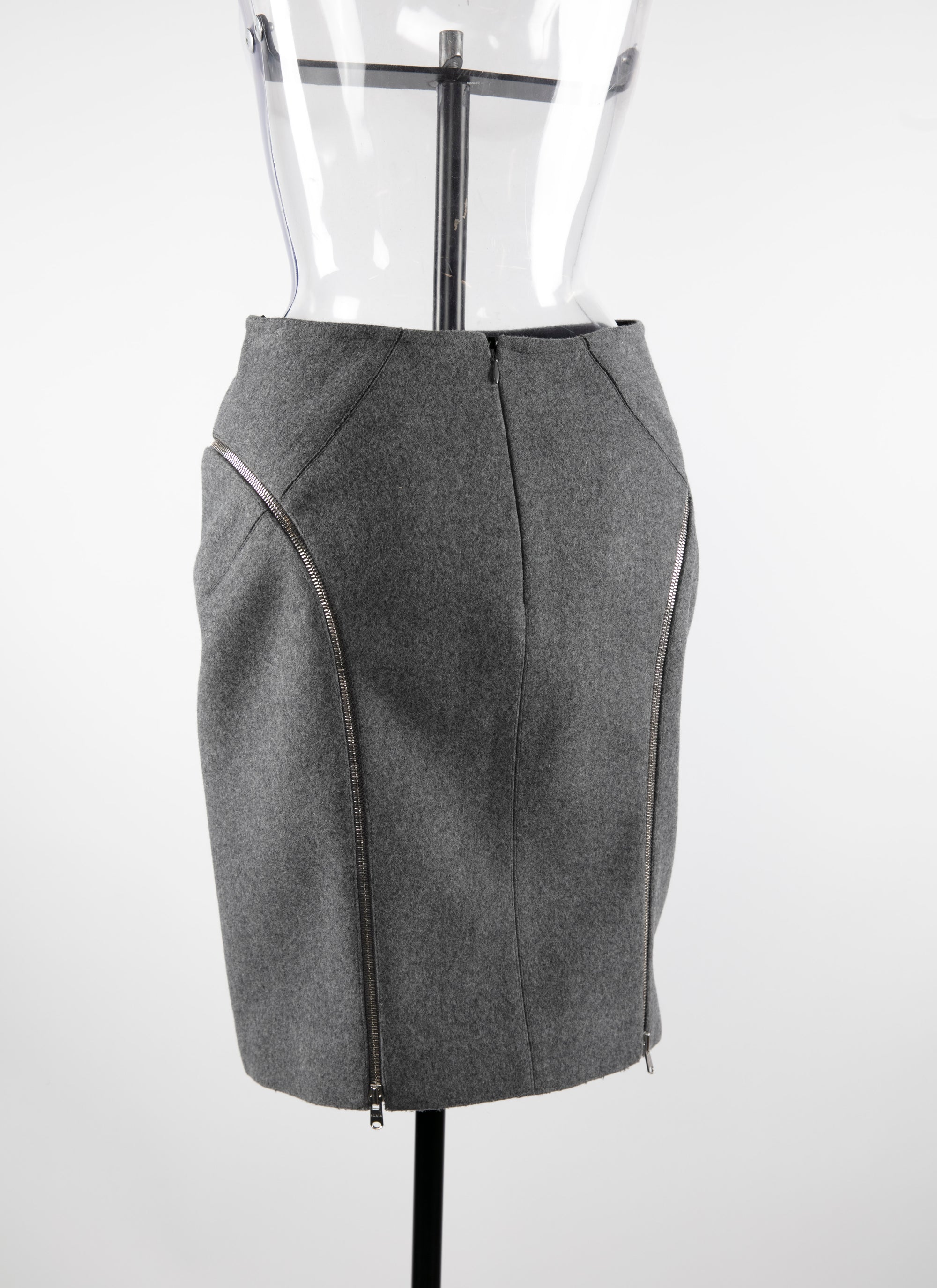Jupe droite en laine avec détails zippés - Gris Chine