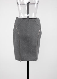 Jupe droite en laine avec détails zippés - Gris Chine