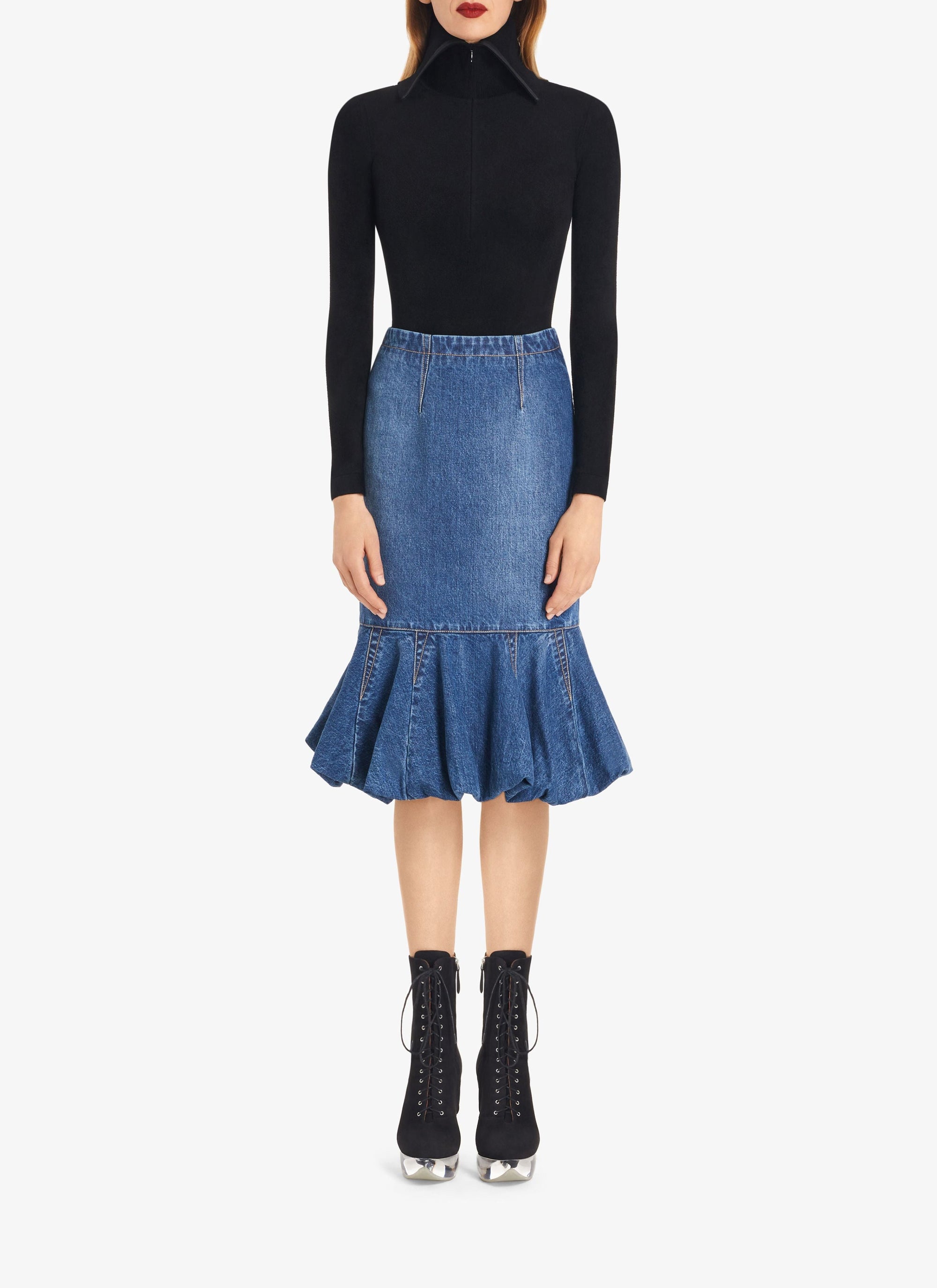 Jupe ajustée et évasée en denim - Bleu Jeans