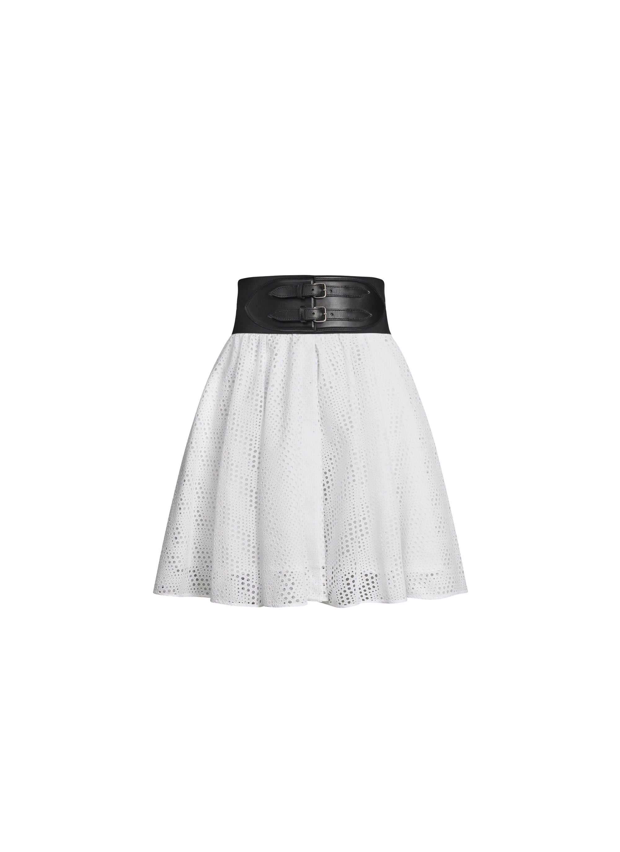 Belted skirt with wave embroidery - White