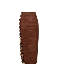 Buckle skirt in crocodile-embossed leather - Tobacco