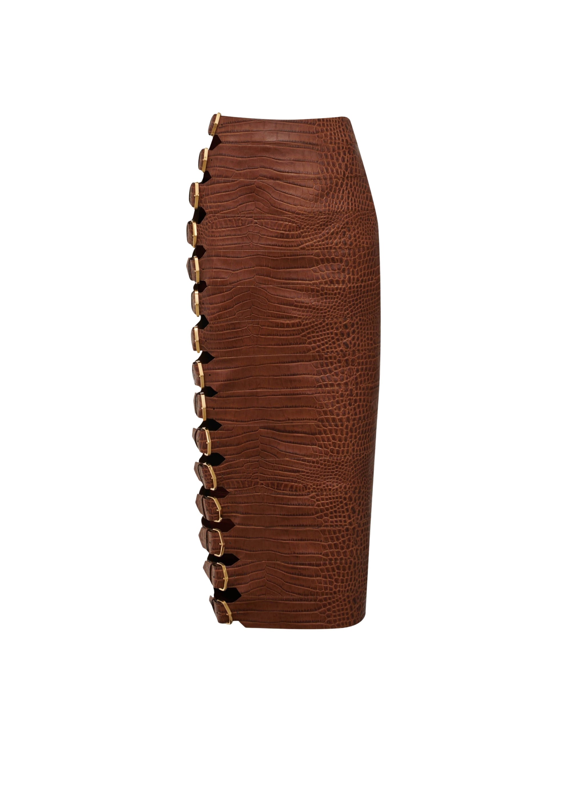 Buckle skirt in crocodile-embossed leather - Tobacco