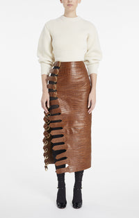 Buckle skirt in crocodile-embossed leather - Tobacco