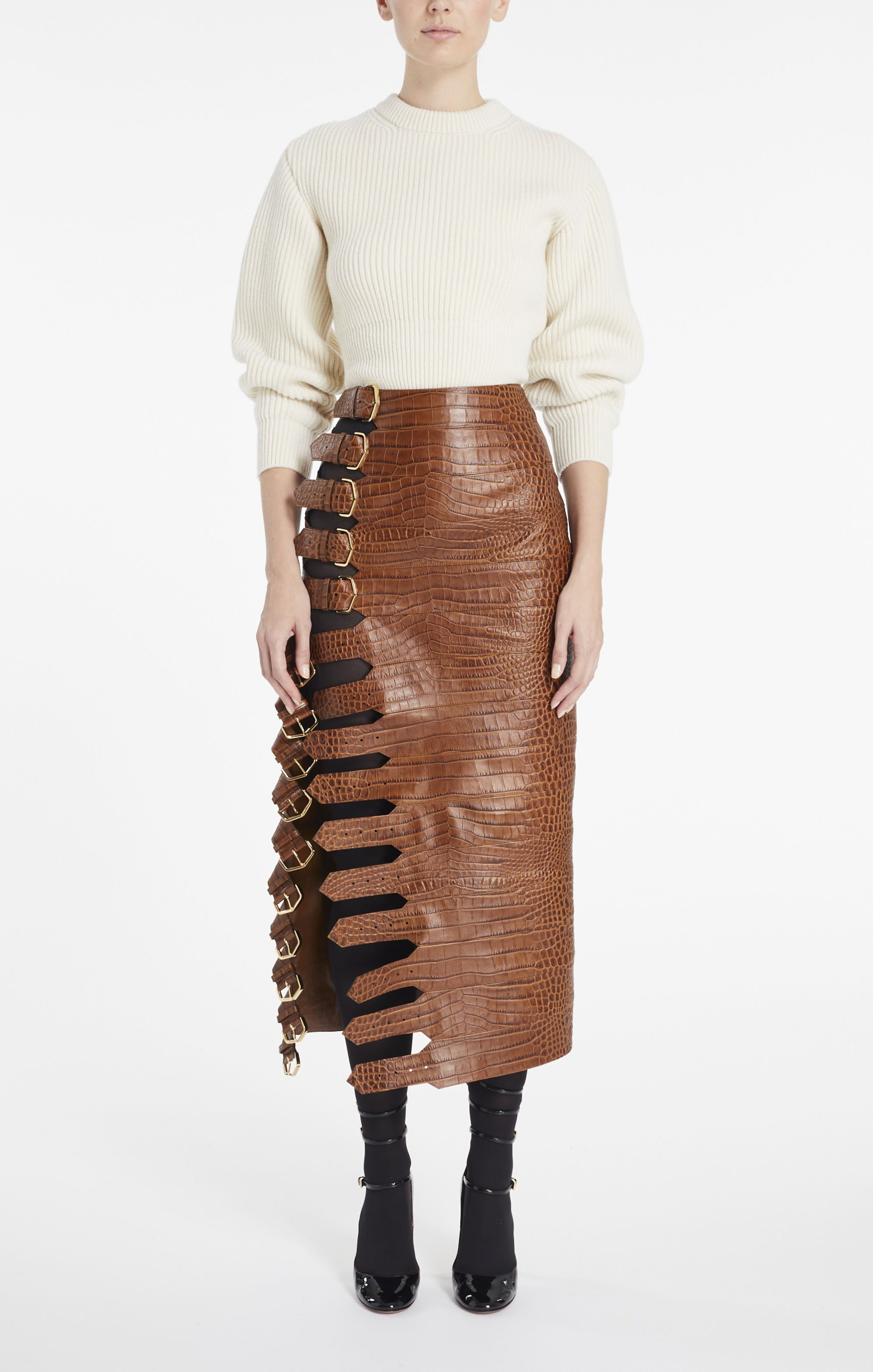 Buckle skirt in crocodile-embossed leather - Tobacco
