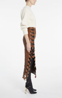 Buckle skirt in crocodile-embossed leather - Tobacco
