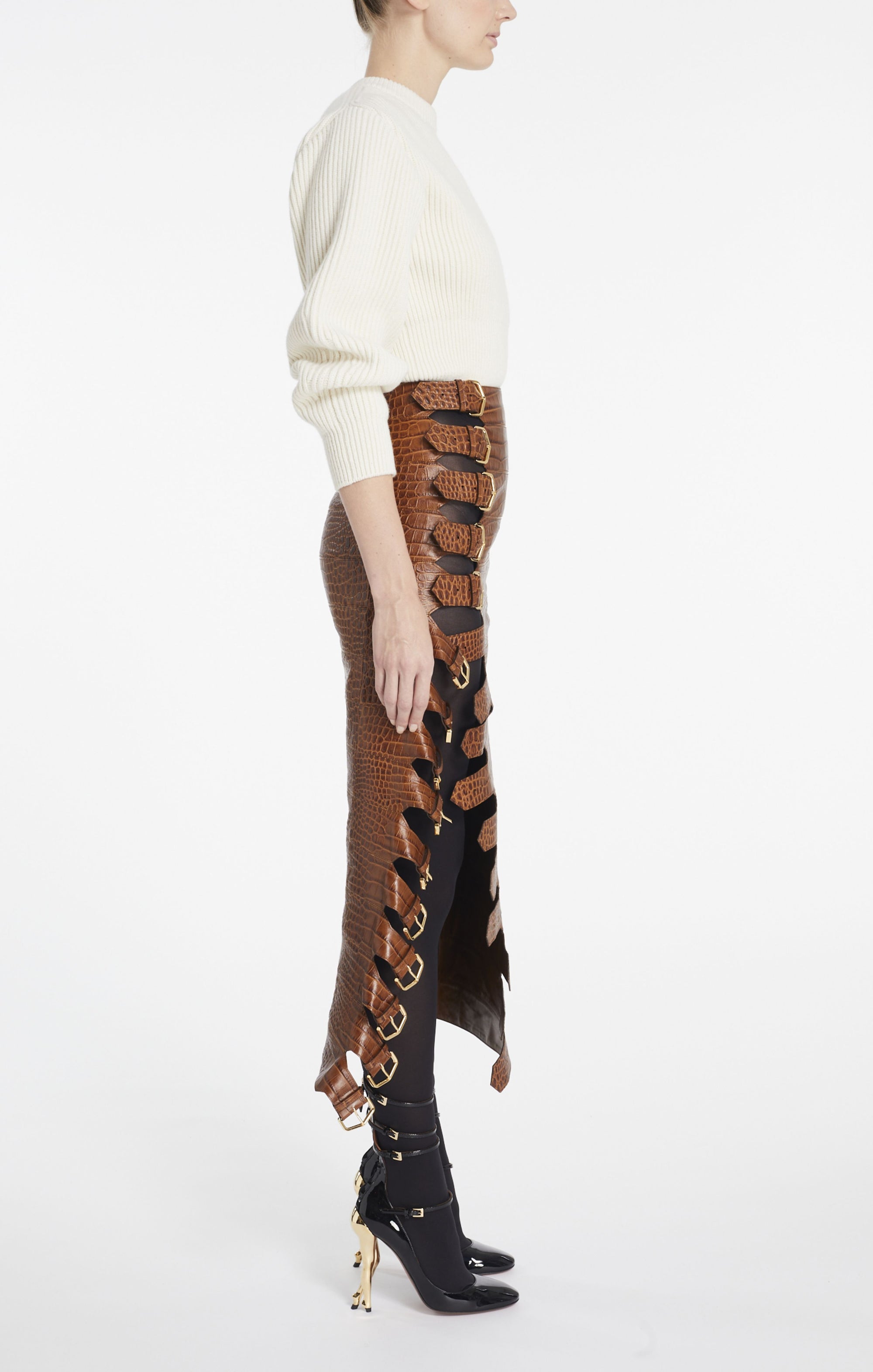 Buckle skirt in crocodile-embossed leather - Tobacco