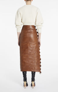 Buckle skirt in crocodile-embossed leather - Tobacco