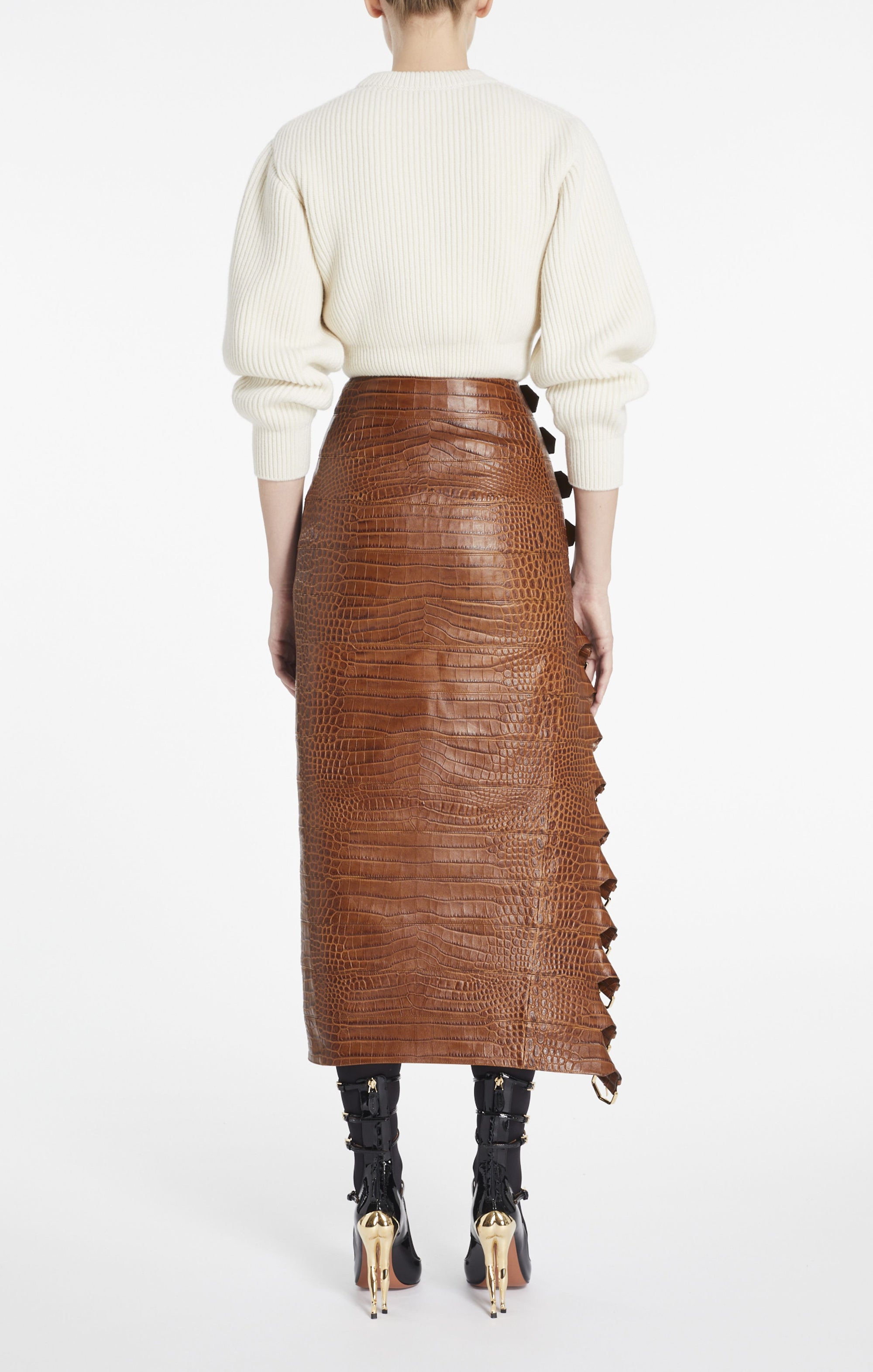 Buckle skirt in crocodile-embossed leather - Tobacco