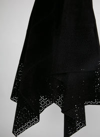 Jupe longue en cuir asymétrique ajourée - Noir