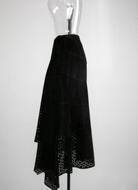Jupe longue en cuir asymétrique ajourée - Noir