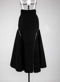 Jupe longue en laine détails zip côtés - Noir