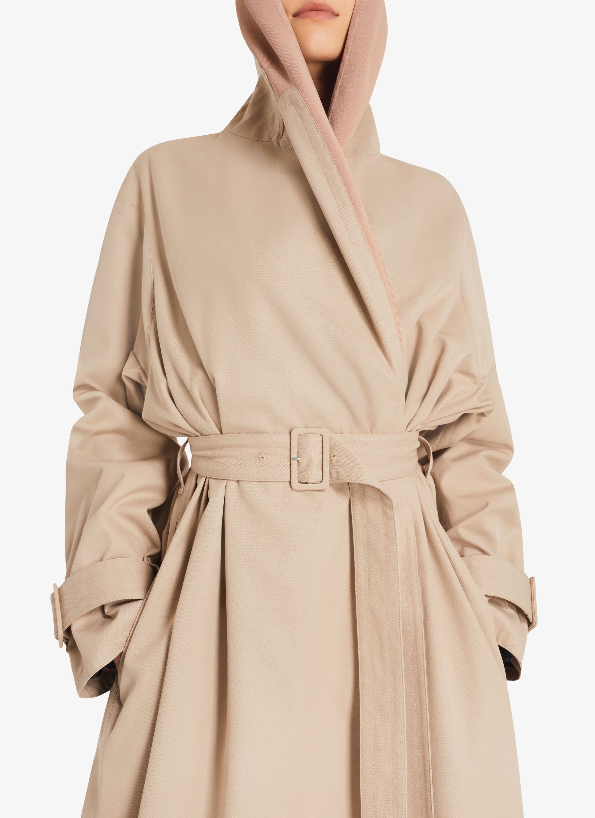 Long trench coat with hood - Light beige