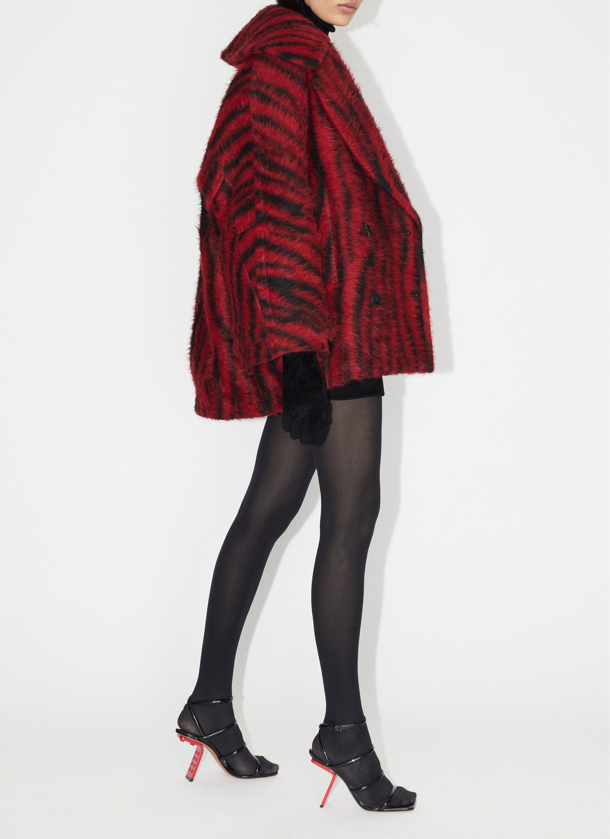 Tiger print wool pea jacket - Black & Red