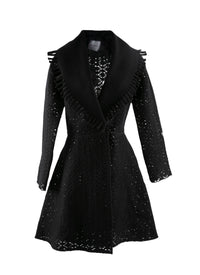 Manteau en laine ajouré col contrasté - Noir