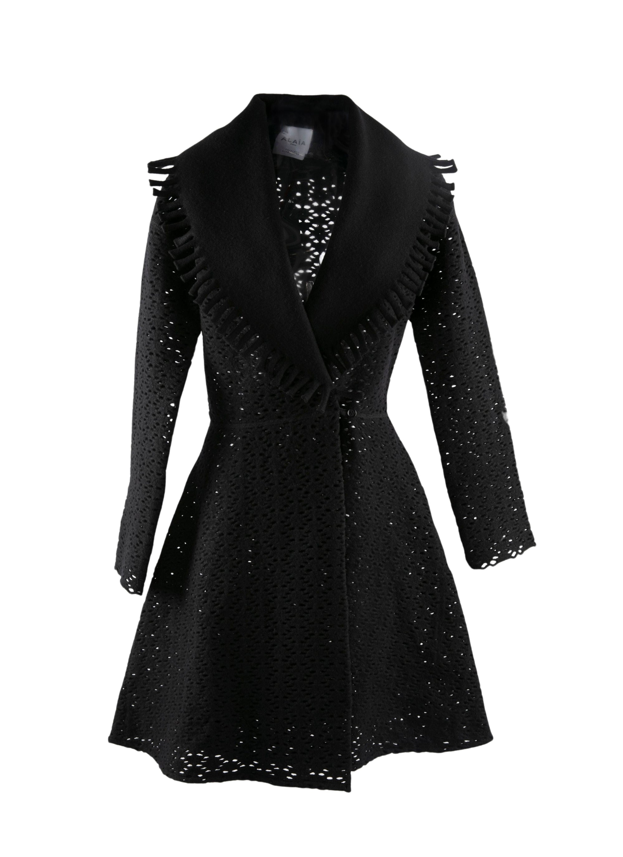 Manteau en laine ajouré col contrasté - Noir