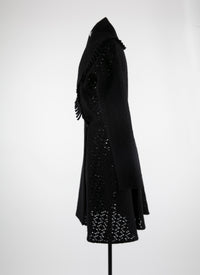 Manteau en laine ajouré col contrasté - Noir