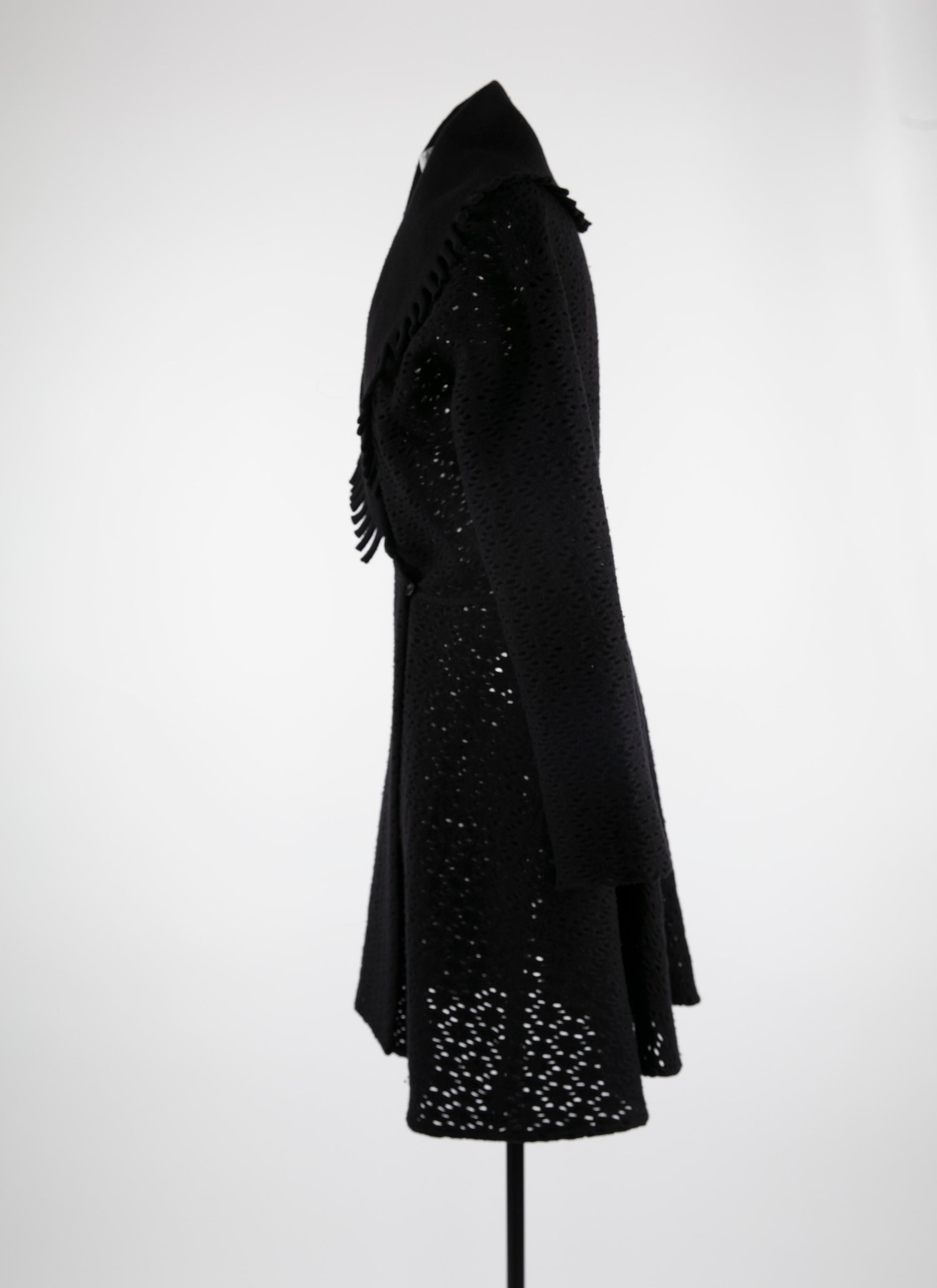 Manteau en laine ajouré col contrasté - Noir