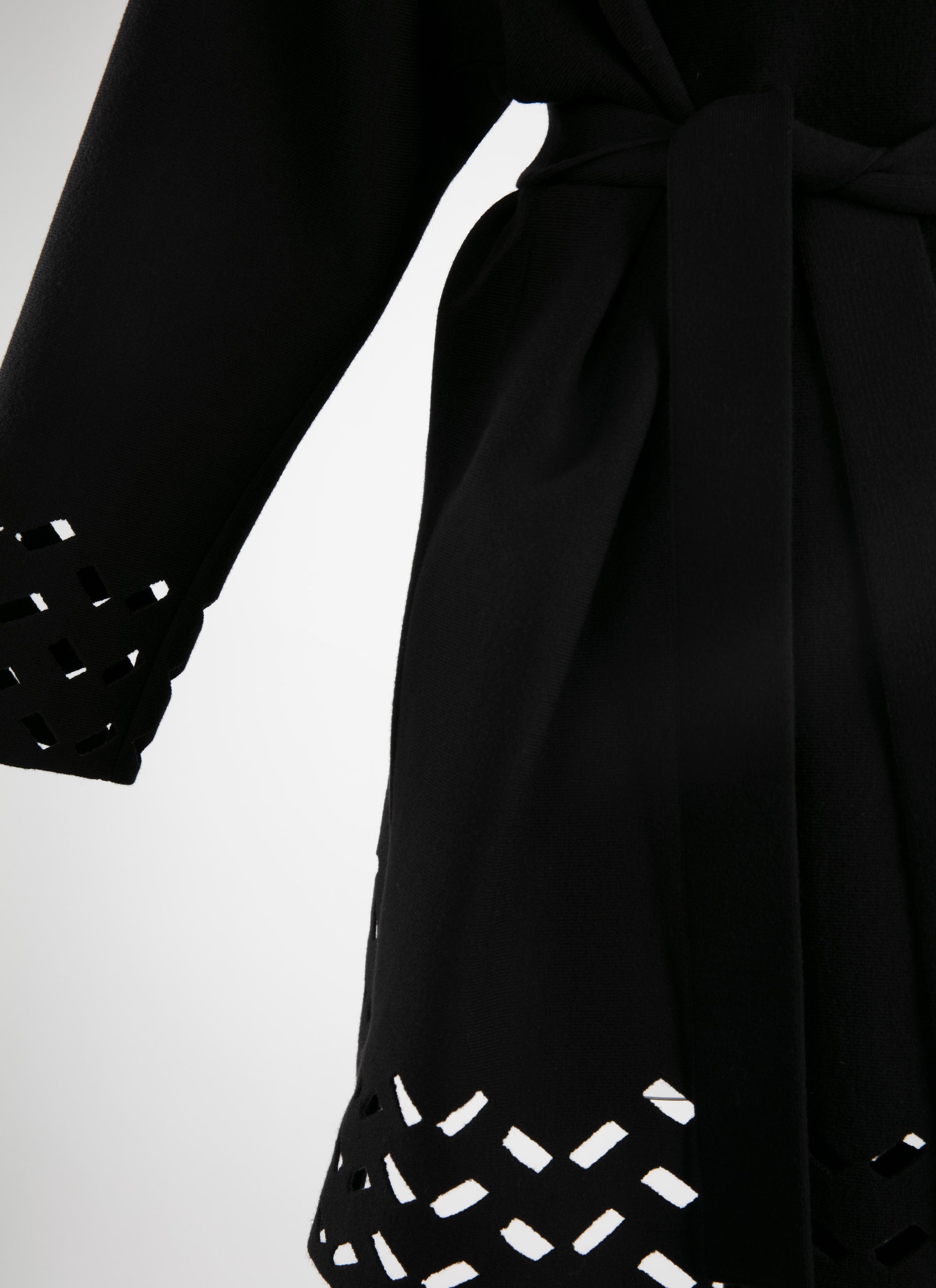 Manteau en laine ceinturé bords ajourés - Noir