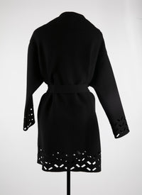 Manteau en laine ceinturé bords ajourés - Noir