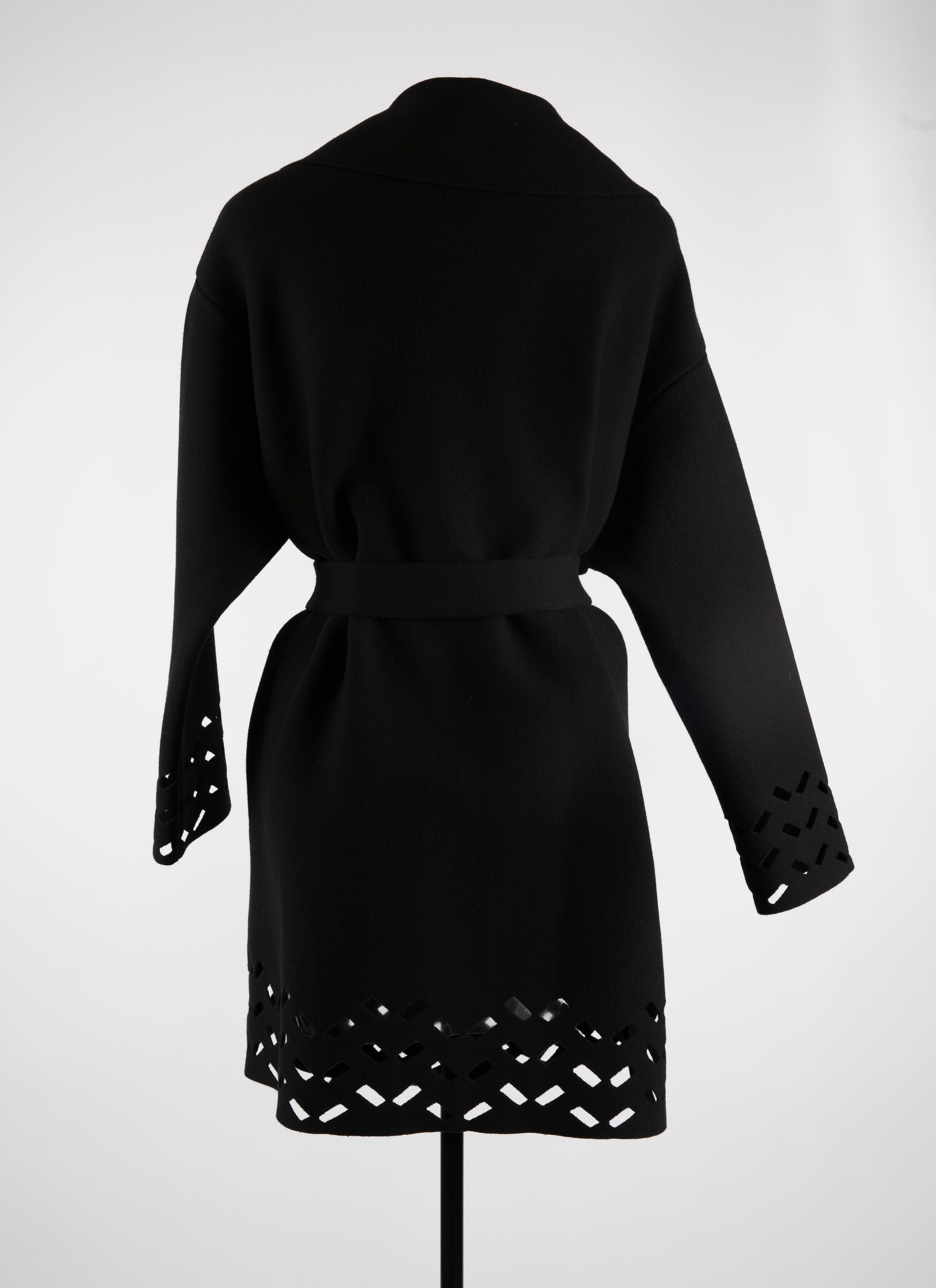 Manteau en laine ceinturé bords ajourés - Noir