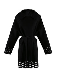 Manteau en laine ceinturé bords ajourés - Noir