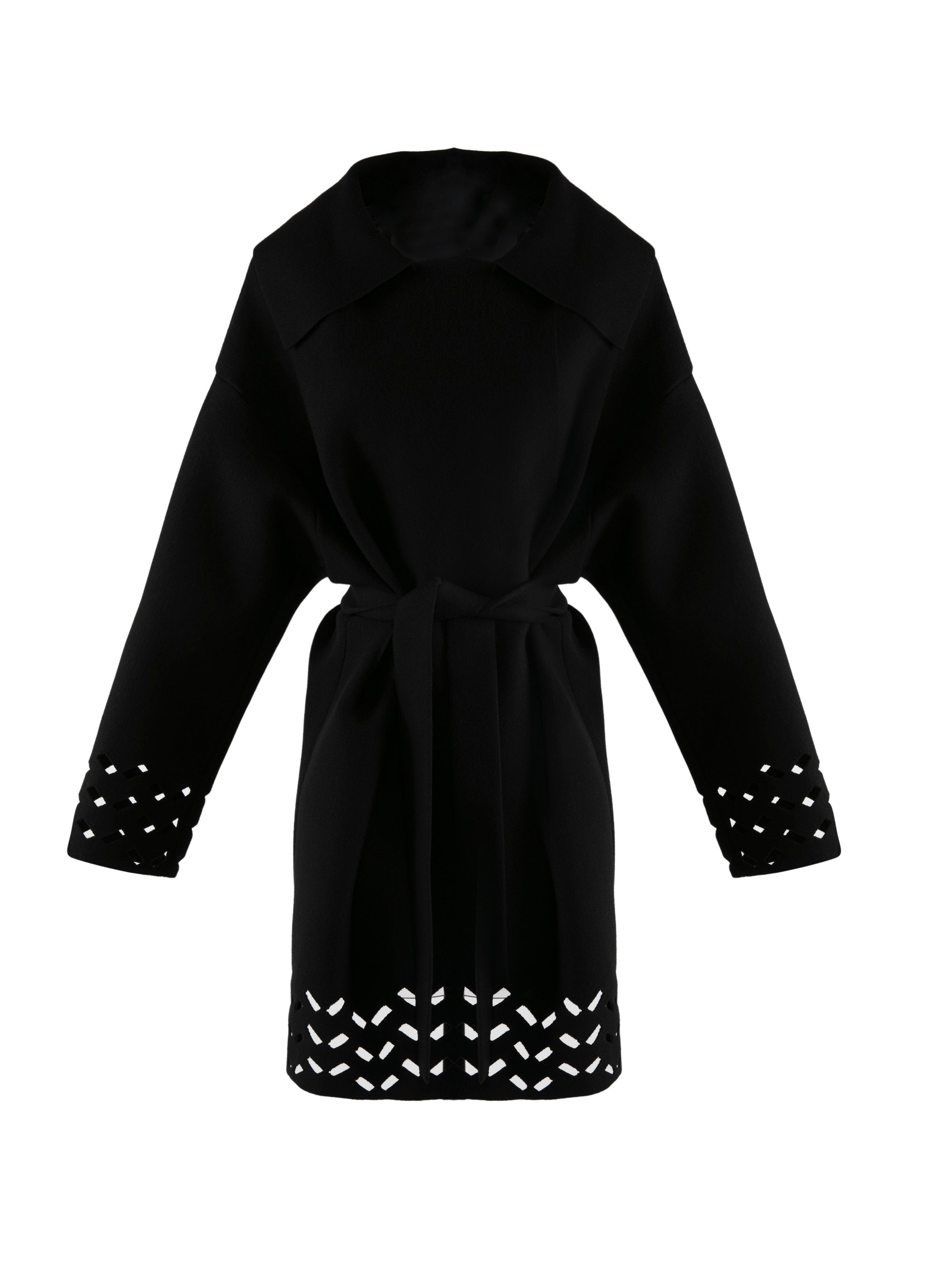 Manteau en laine ceinturé bords ajourés - Noir