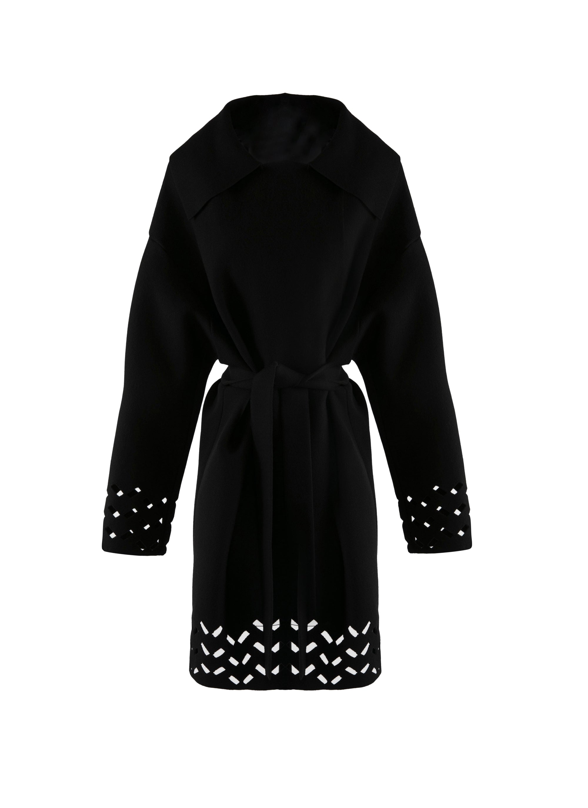 Belted wool coat with hems - Black