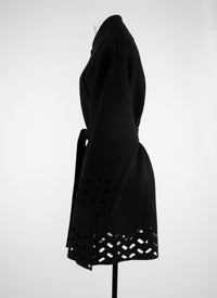 Manteau en laine ceinturé bords ajourés - Noir