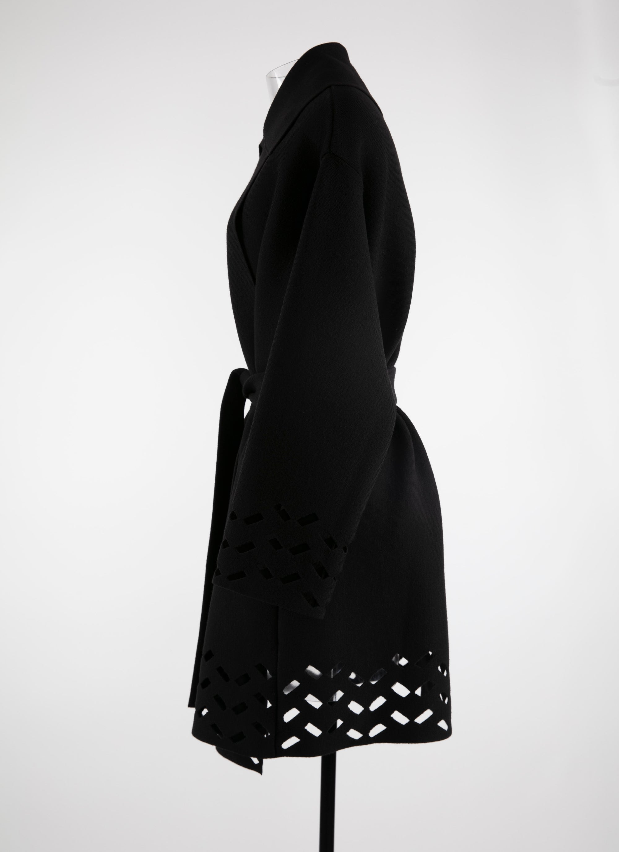 Manteau en laine ceinturé bords ajourés - Noir