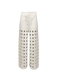 Pantalon taille basse en denim brodé - Blanc