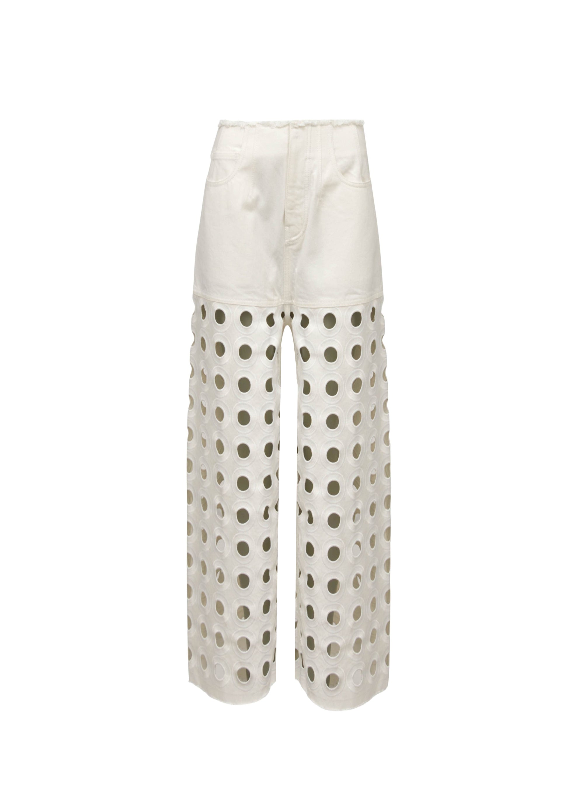 Pantalon taille basse en denim brodé - Blanc