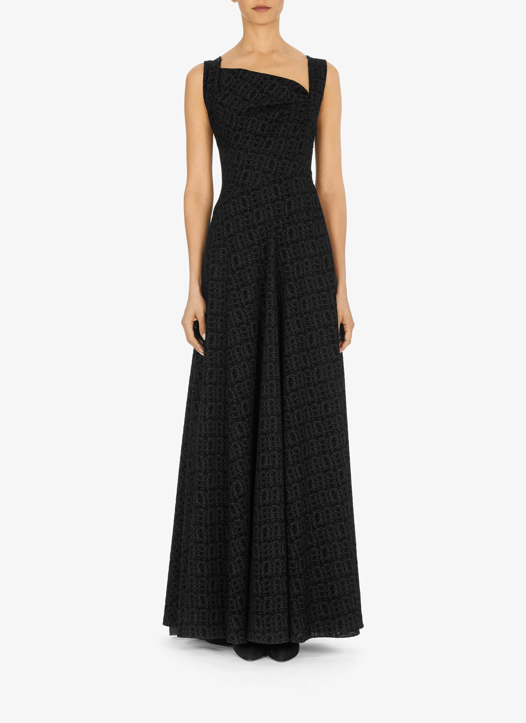 Flared maxi dress in wool graphic print - Black