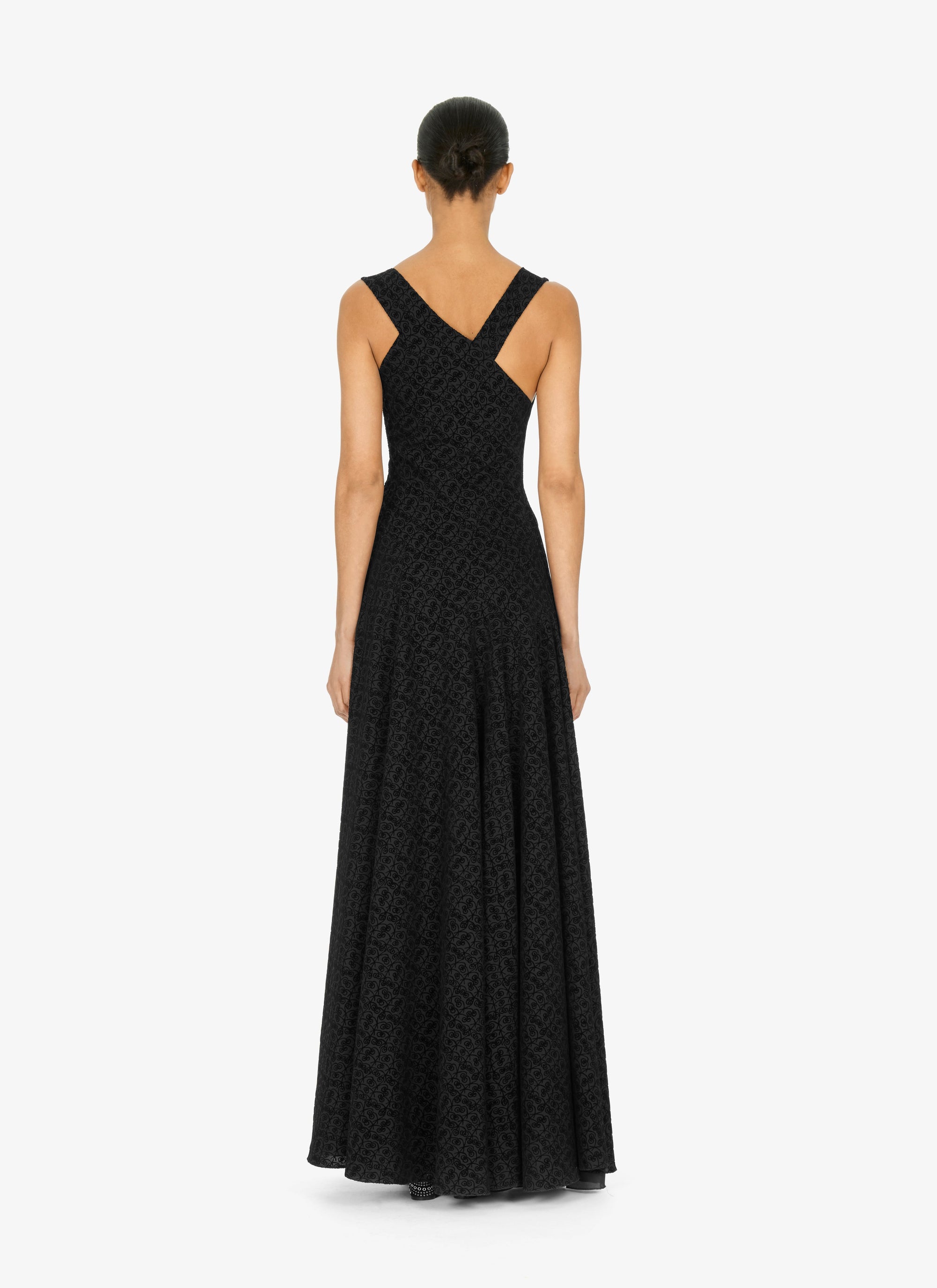 Flared maxi dress in wool graphic print - Black