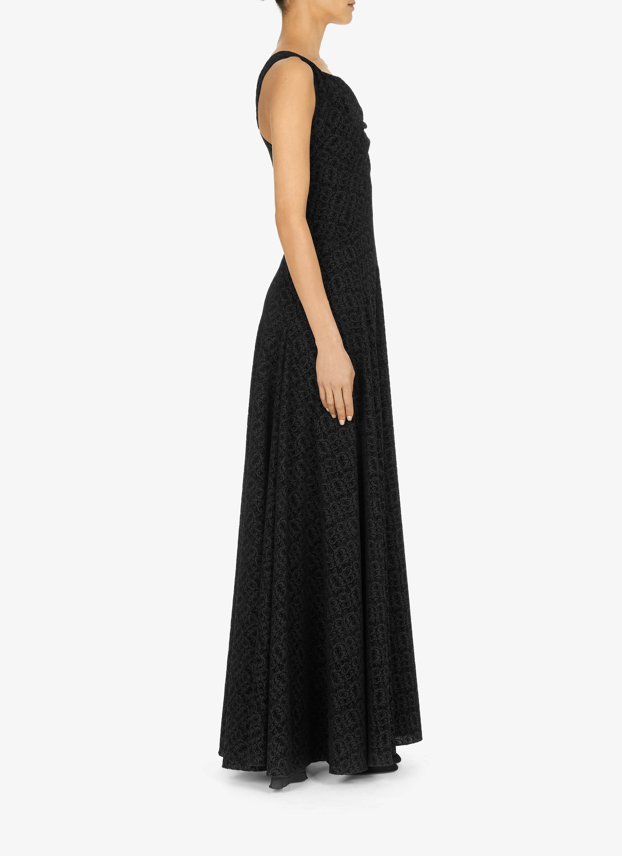 Flared maxi dress in wool graphic print - Black
