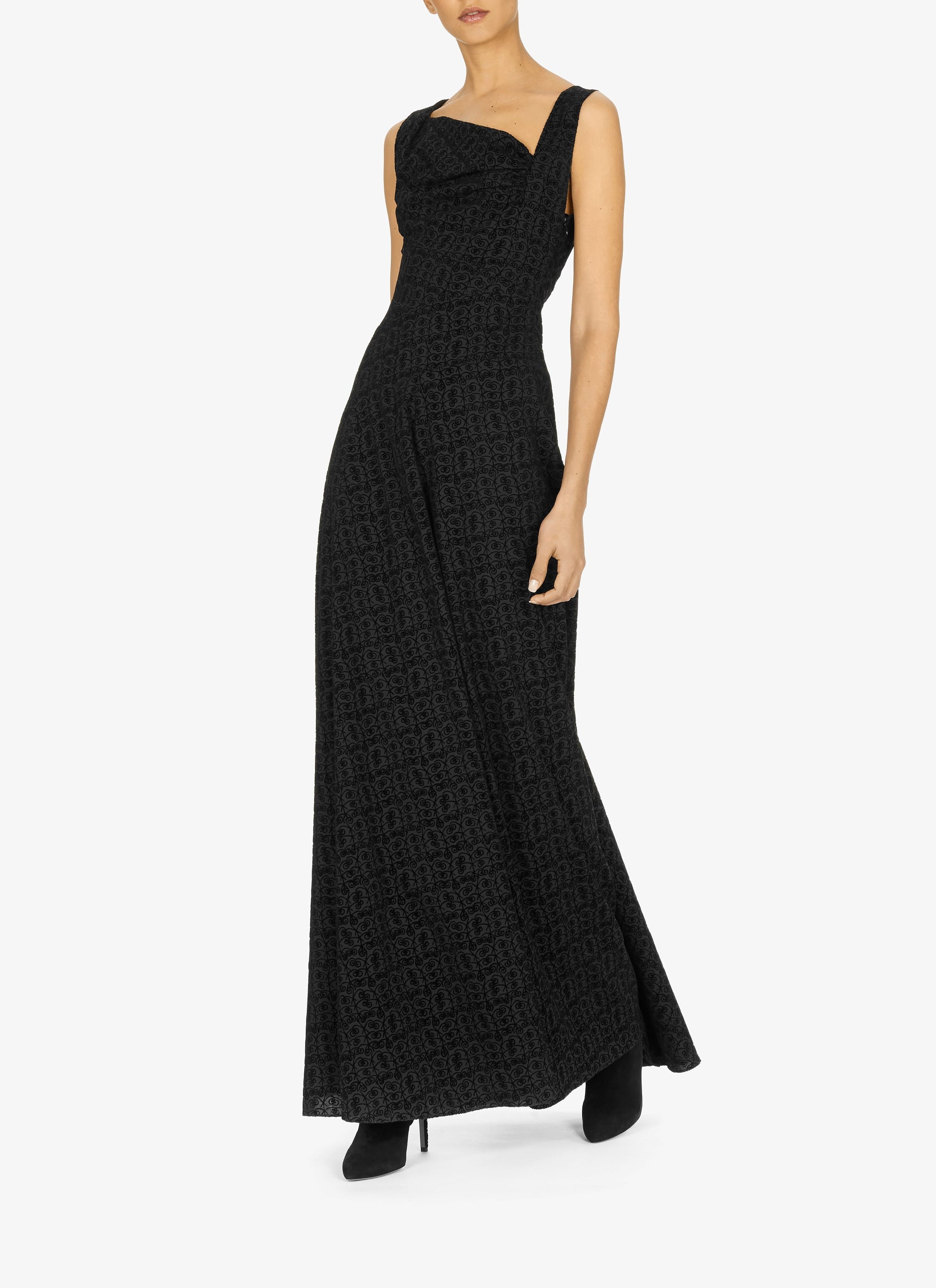 Flared maxi dress in wool graphic print - Black