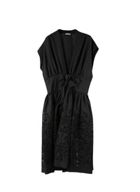 Robe à manches courtes avec nœud à la taille en laine - Noir