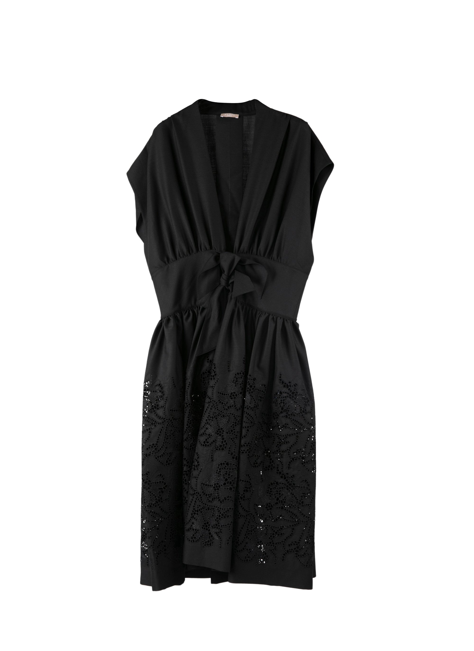 Robe à manches courtes avec nœud à la taille en laine - Noir