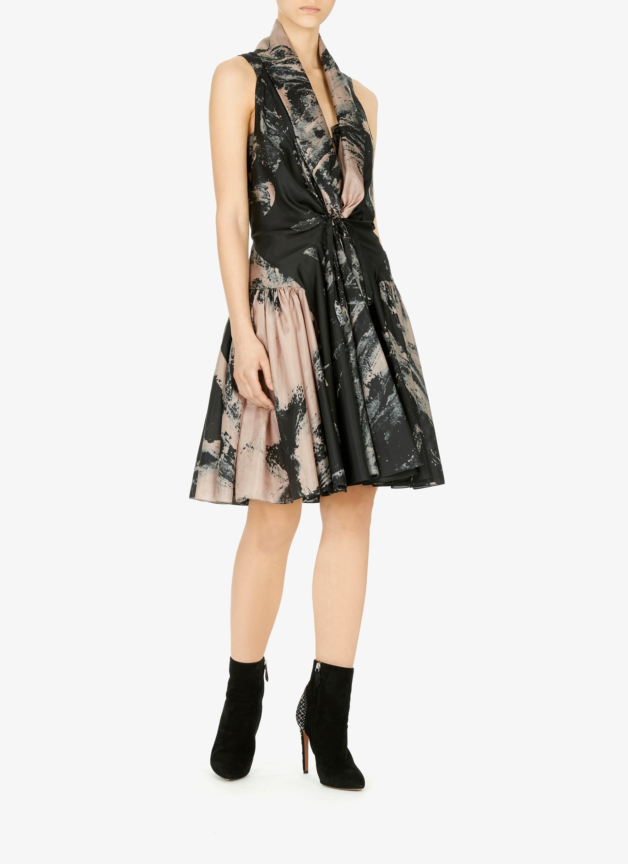 Silk floral print flared dress - Blue & Flesh